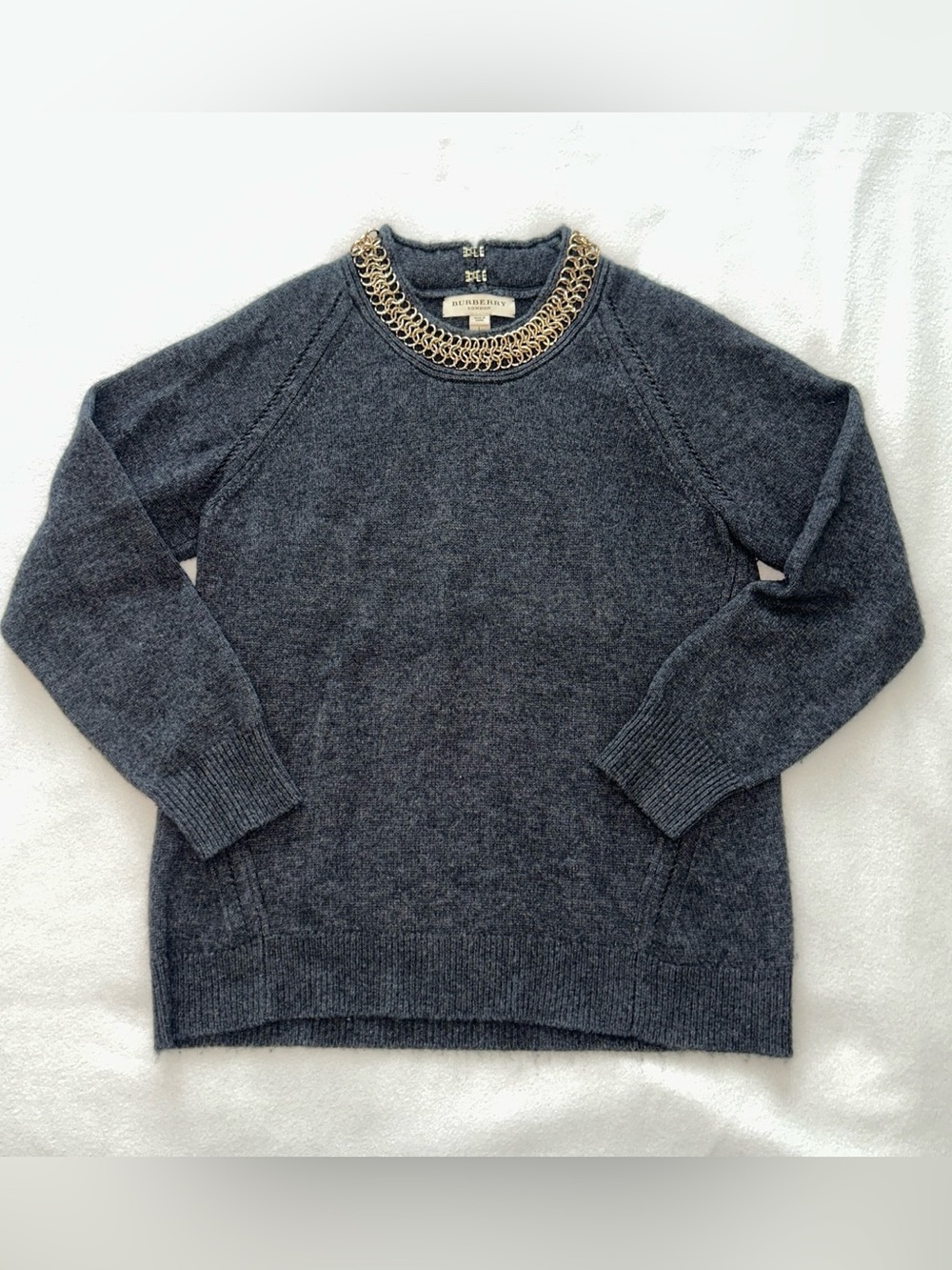 Burberry Charcoal Crewneck Sweater with Gold Chain Trim
